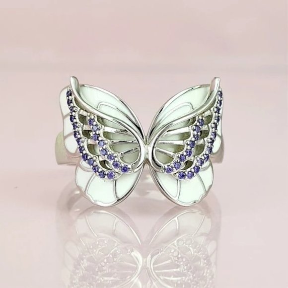 🔥Sweet White Butterfly Anillos Silver Plated Ring for Women UNVN12339 - Picture 1 of 6